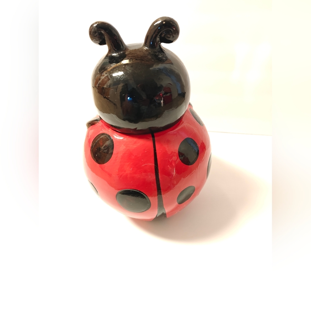 Ladybug Hugging Daisy Cookie Jar, Anthropomorphic Ladybug Ceramic Cookie Jar - Picture 9 of 13